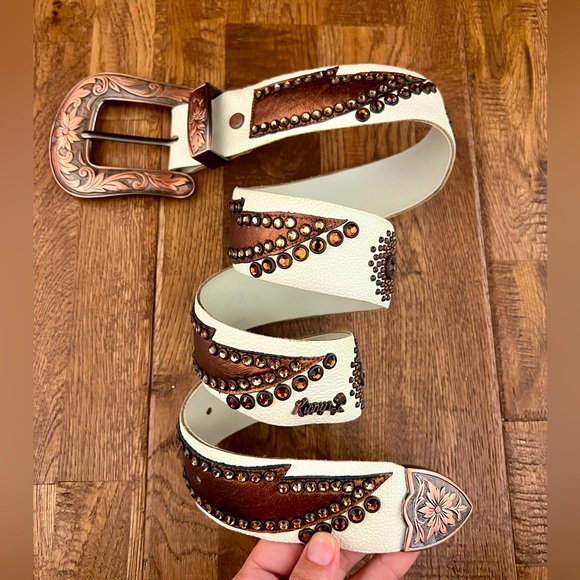 Kippys Accessories - Kippys White Leather Swarovsky Studded Crystal Belt Floral Buckle 36 Custom